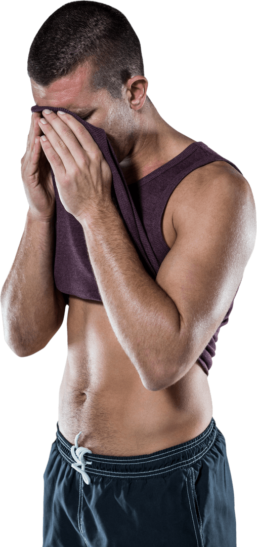 Transparent Image of Exhausted Man Wiping Face with Shirt