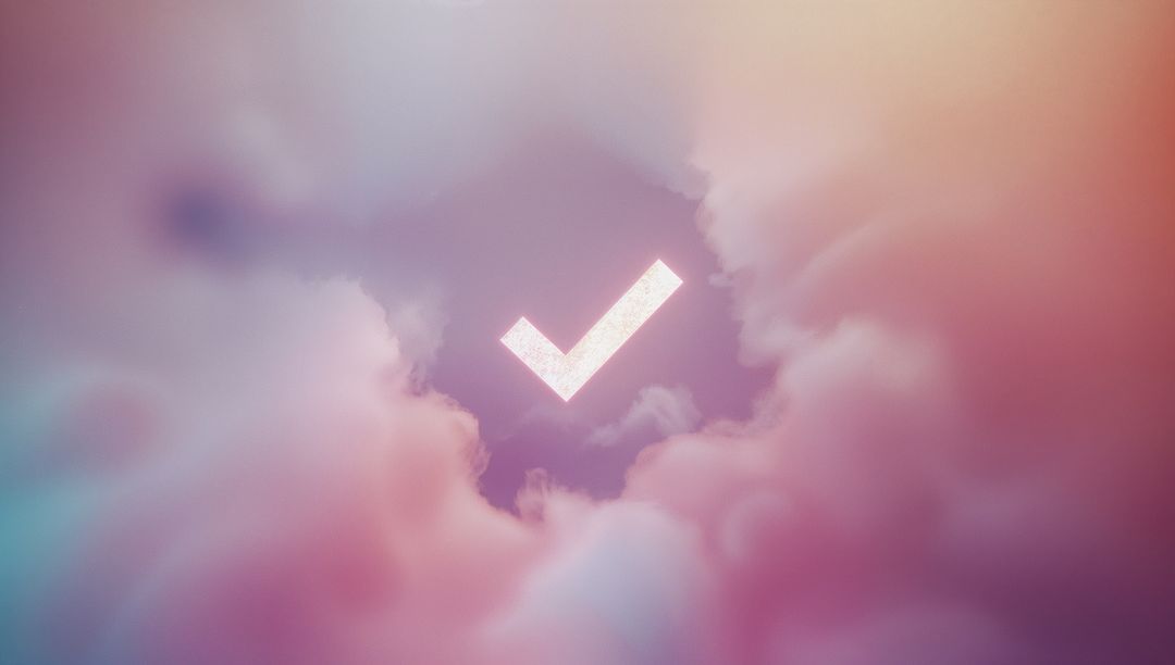 Glowing Check Mark Symbol in Mystical Pastel Clouds