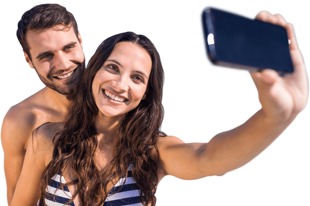 Smiling Couple Taking Selfie on Transparent Background