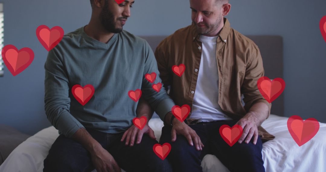 Diverse Male Couple Celebrating Love With Valentine's Day Hearts