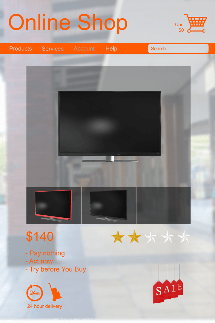 Transparent Online Shop Interface Displaying Monitors for Sale
