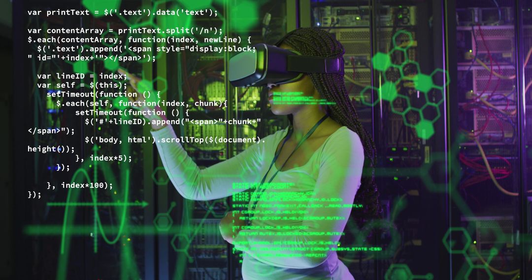Innovative Female Engineer Using VR in Modern Server Room