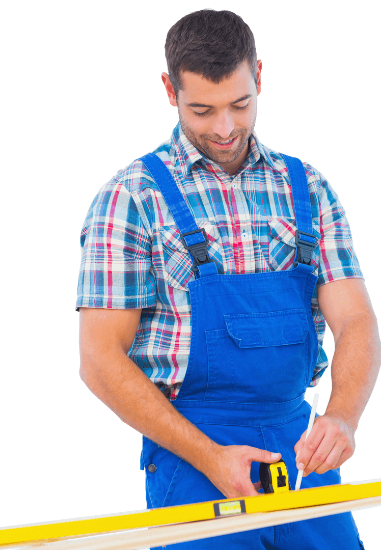 Confident Carpenter Measuring Plank with Tape on Transparent Background