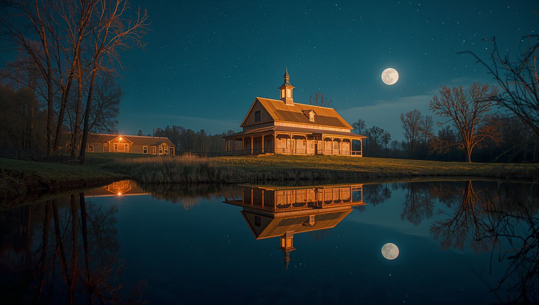 Rustic Countryside Reflection Under Full Moon Serenity