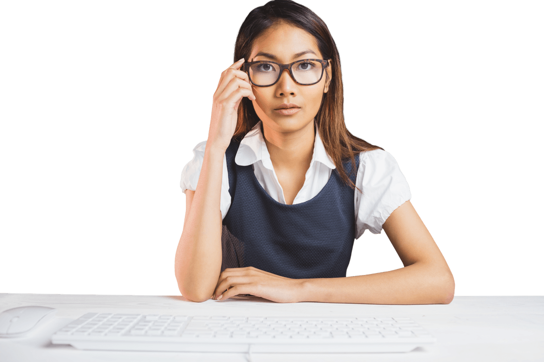 Serious Businesswoman Adjusting Eyeglasses at Desk with Transparent Background