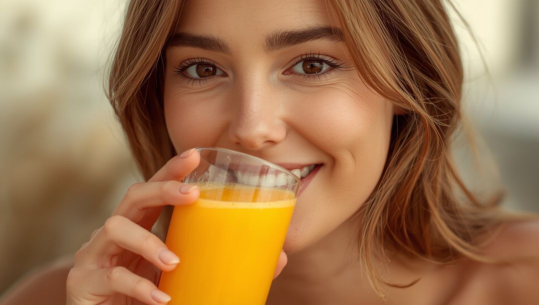 Smiling Woman Enjoying Fresh Orange Juice at Home