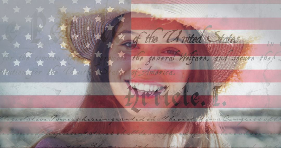 Constitution text and american flag against portrait of caucasian woman smiling in background - Free Images, Stock Photos and Pictures on Pikwizard.com