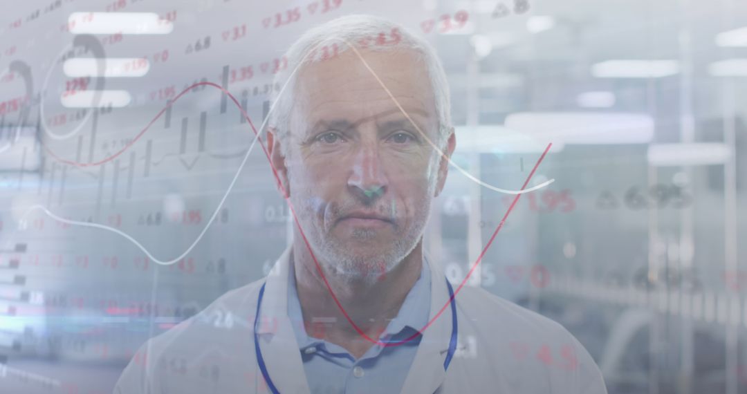Elderly Male Doctor Analyzing Data with Technical Overlay