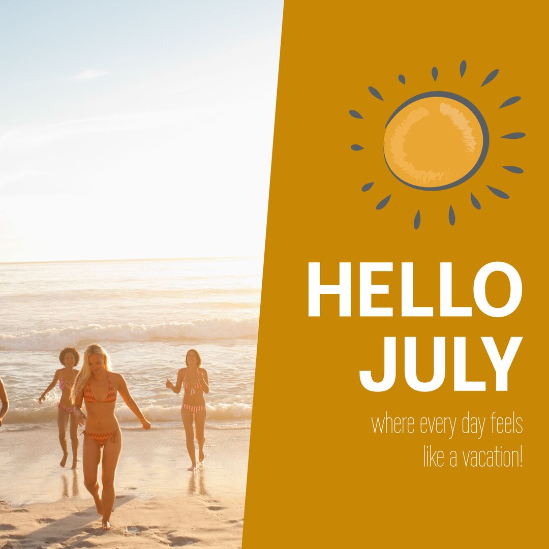 Sunny July Beach Day with Group of Friends Enjoying Summer