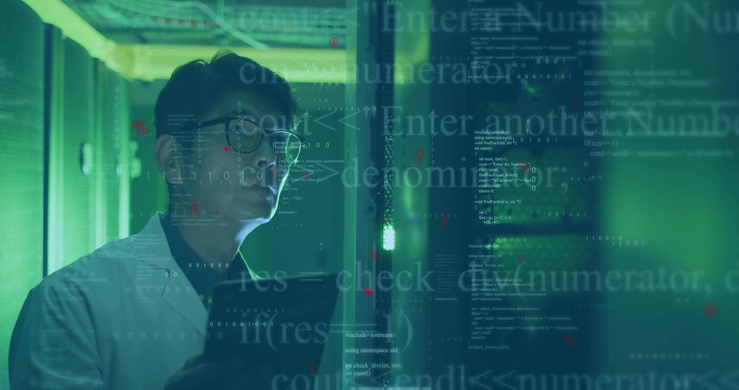Technician Analyzing Data in Server Room with Futuristic Interface
