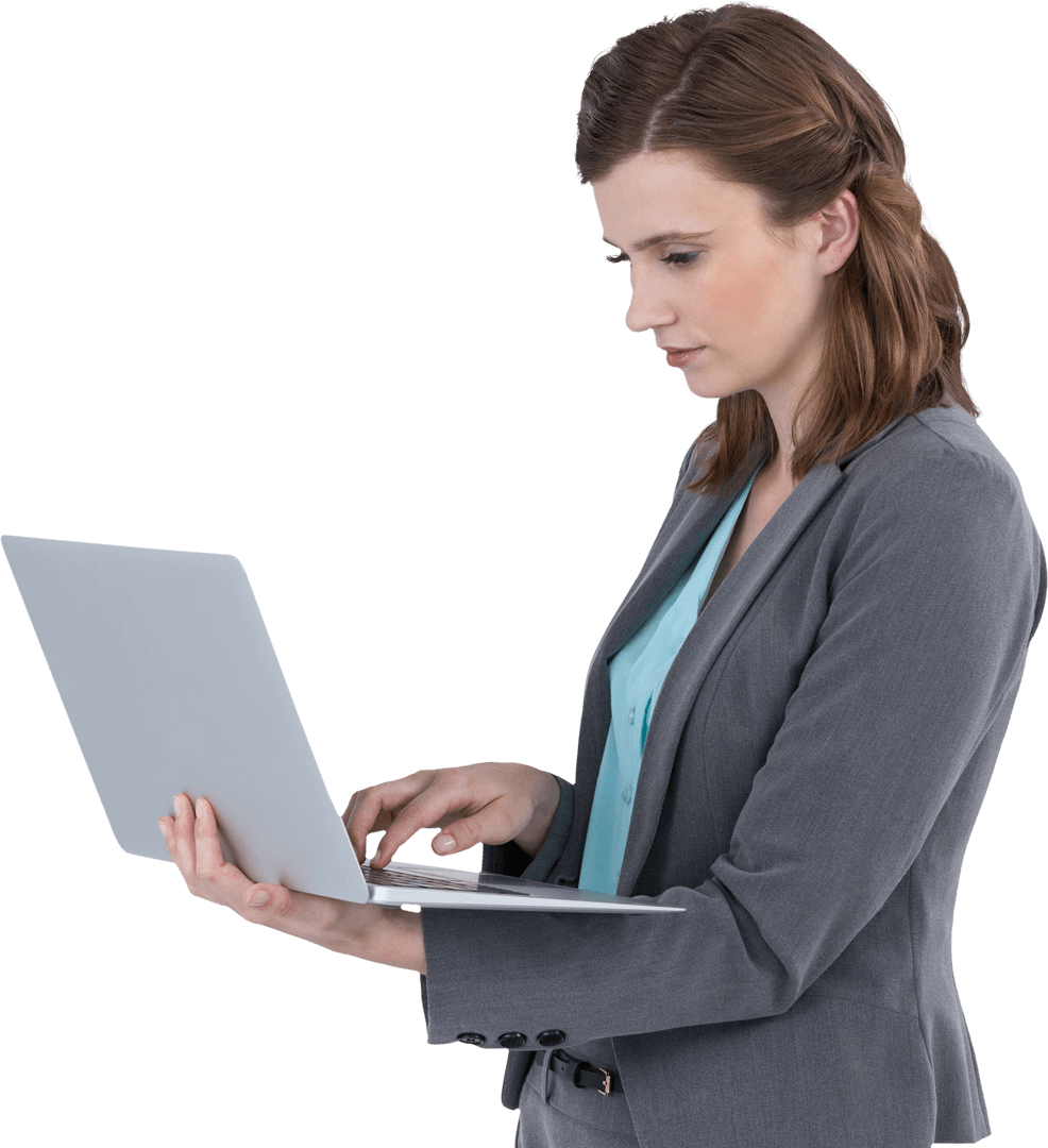 Transparent Businesswoman Typing on Laptop with Focused Expression