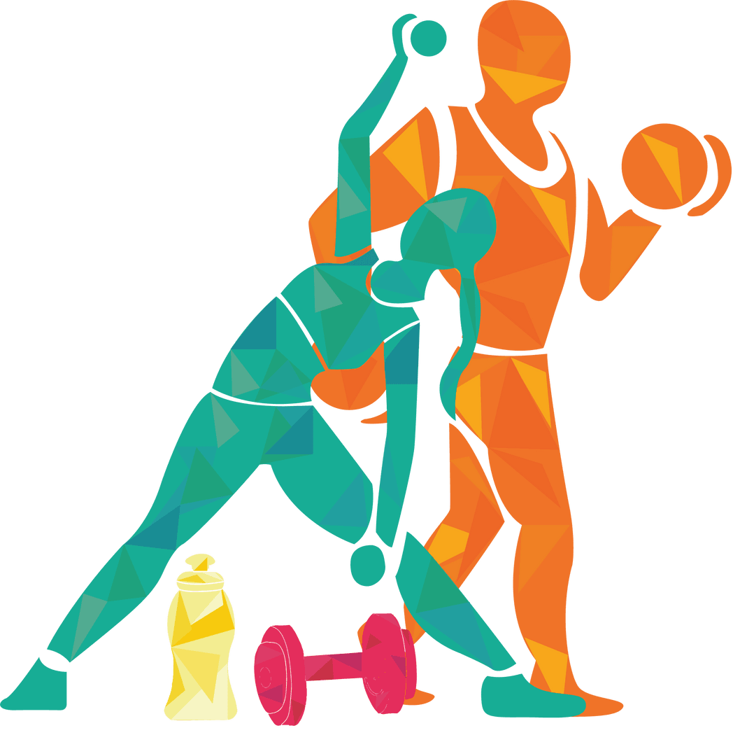 Low-Poly Fitness Figures Exercising with Dumbbells on Transparent Background