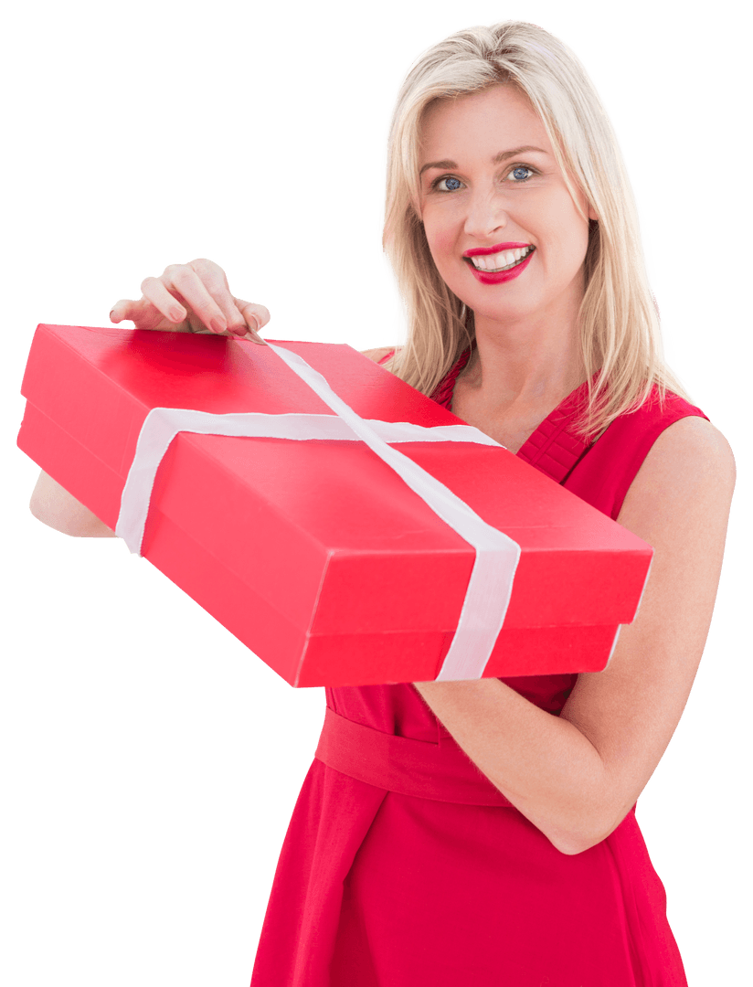 Smiling Woman Holding Present on Transparent Background