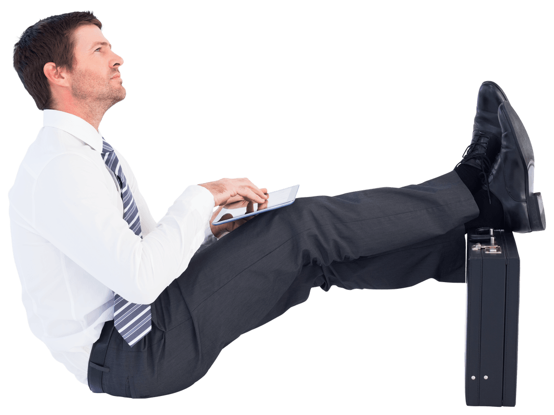 Confident Businessman Relaxing with Feet on Briefcase Transparent Background