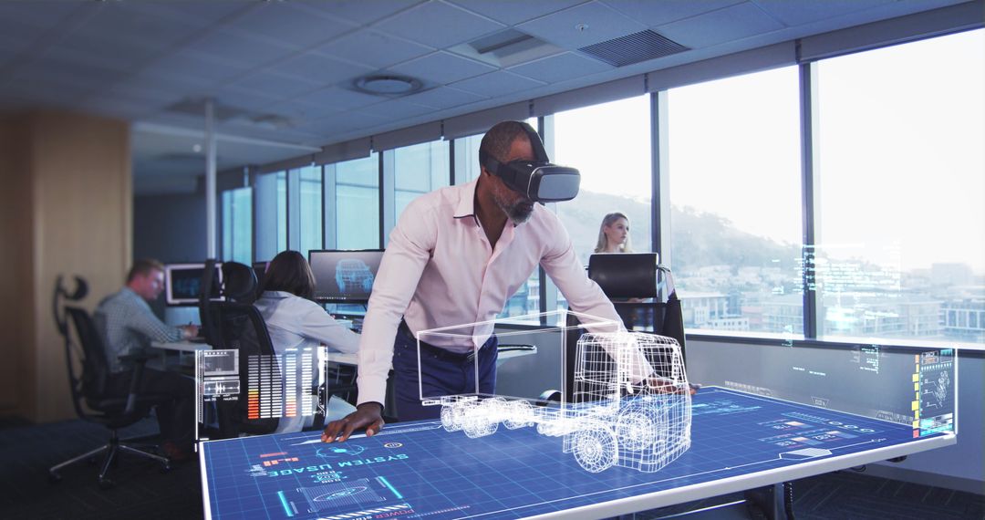 Man Utilizing VR Headset for 3D Model Design in Office Environment