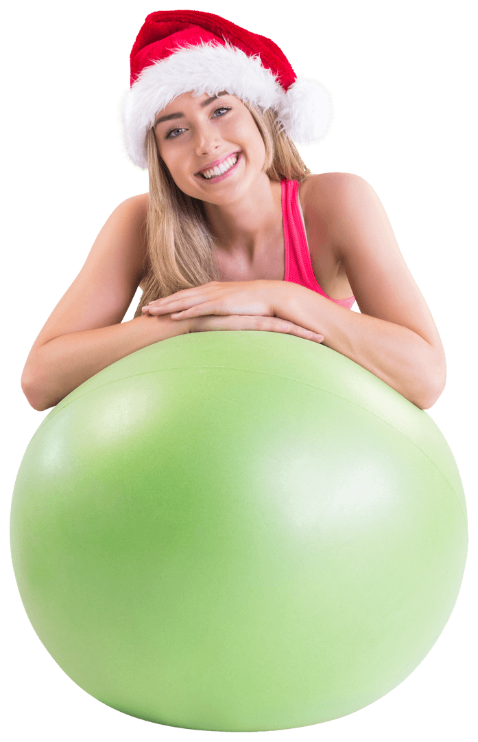 Transparent Smiling Woman with Exercise Ball in Santa Hat