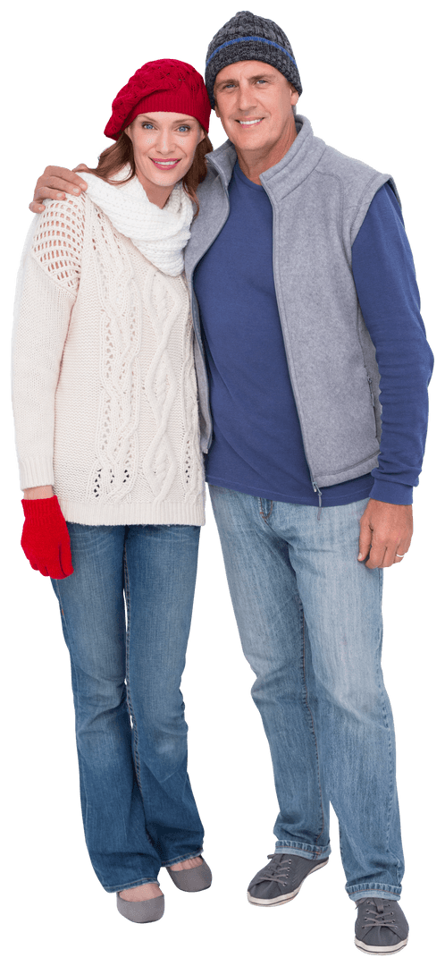 Smiling Couple in Cozy Winter Outfits on Transparent Background