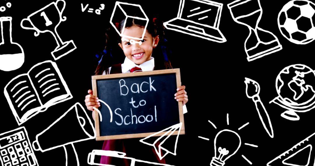 Schoolgirl Holding Slate with Back to School Text in Front of Educational Icons