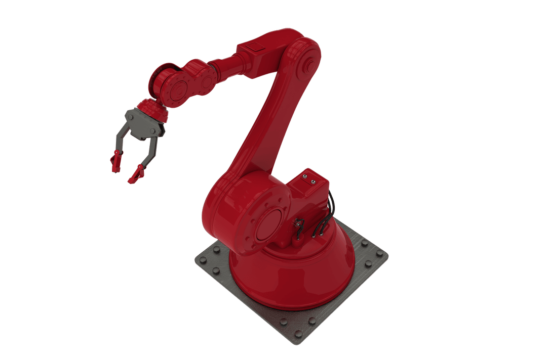Red Robotic Arm with Black Claw Isolated on Transparent Background