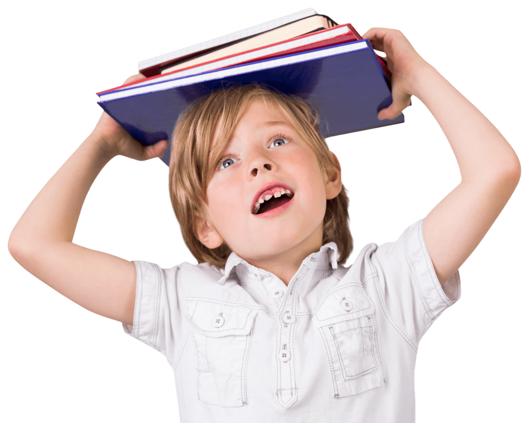 Joyful Schoolboy Balancing Heavy Notebooks on Transparent Background