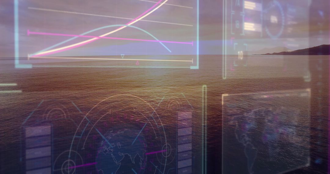 Futuristic Digital Interface Overlay on Tranquil Ocean with Data Visualizations