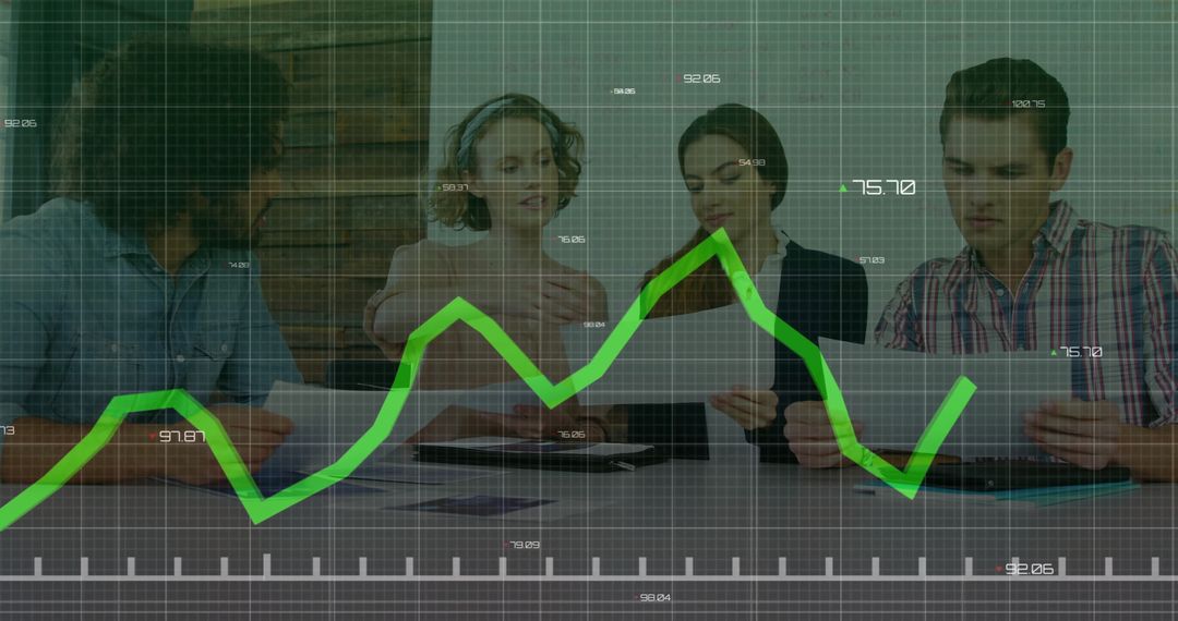 Diverse Team Analyzing Data Trends with Digital Interface Overlay