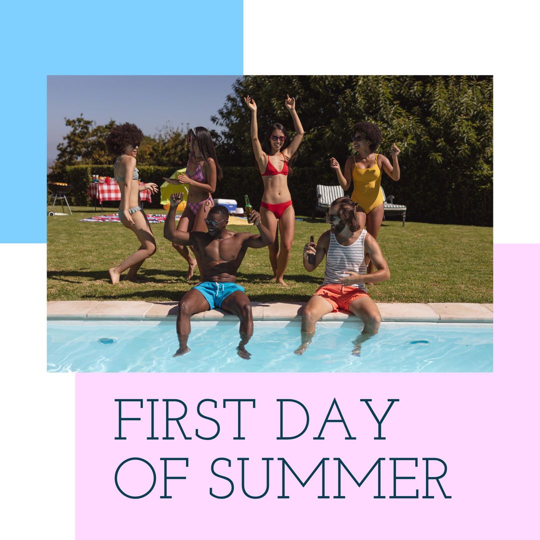 Group of Friends Celebrating First Day of Summer by Poolside