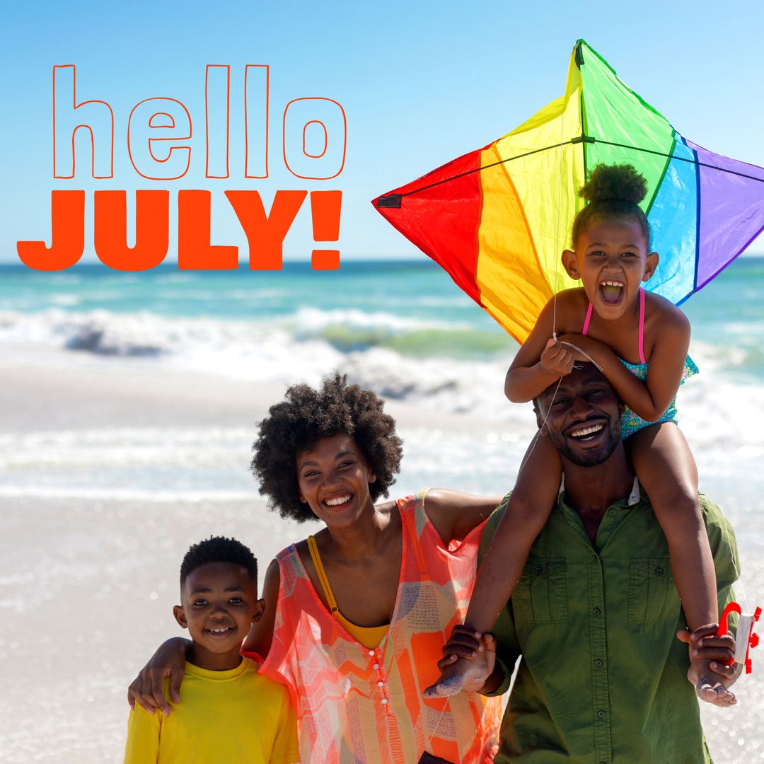 Happy Family Embracing Joyful Summer Beach Adventure with Colorful Kite
