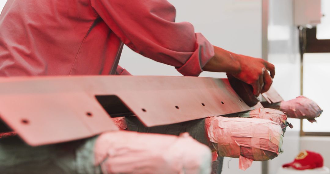 Industrial Worker Polishing Metal Sheet in Red Lighting - Free Images, Stock Photos and Pictures on Pikwizard.com