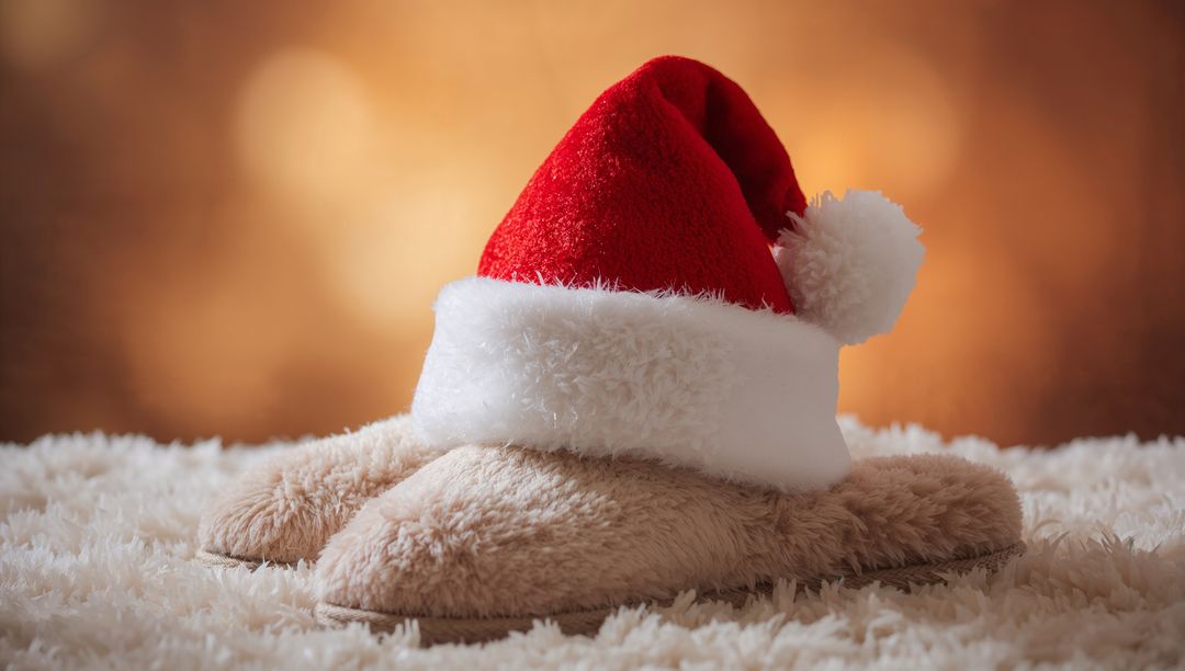 Warming up with Santa hat on fluffy beige slippers on cream shag rug with bokeh