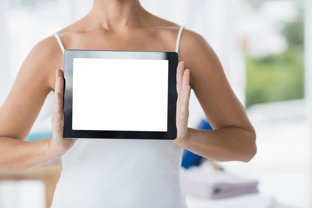 Transparent Tablet Mockup Held by Woman in Casual White Top
