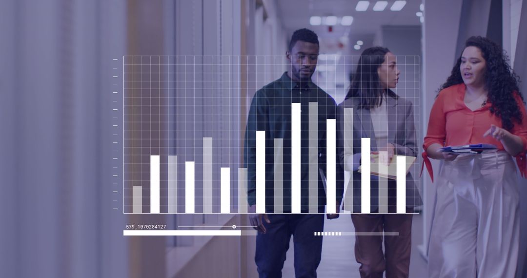 Diverse Coworkers Discussing Business Growth with Digital Data Overlay