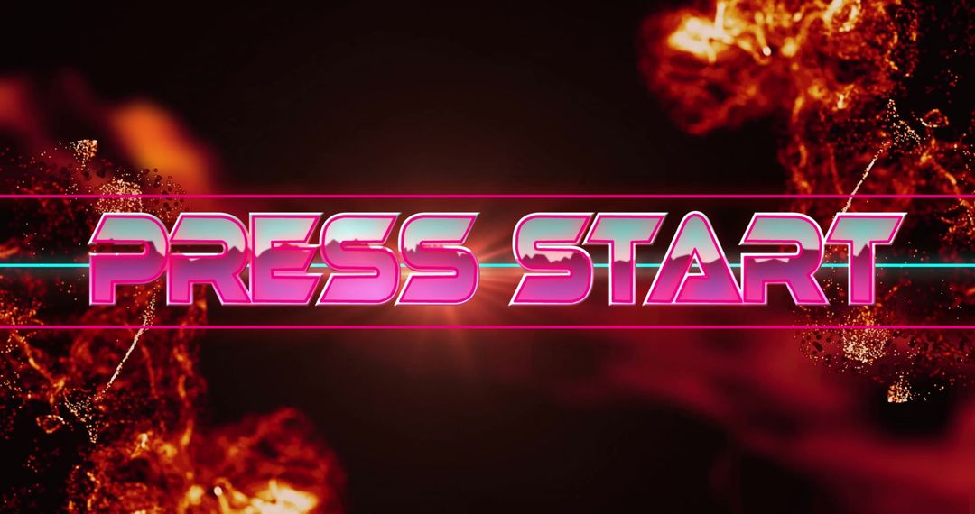 Press Start Banner with Neon Text and Fiery Elements