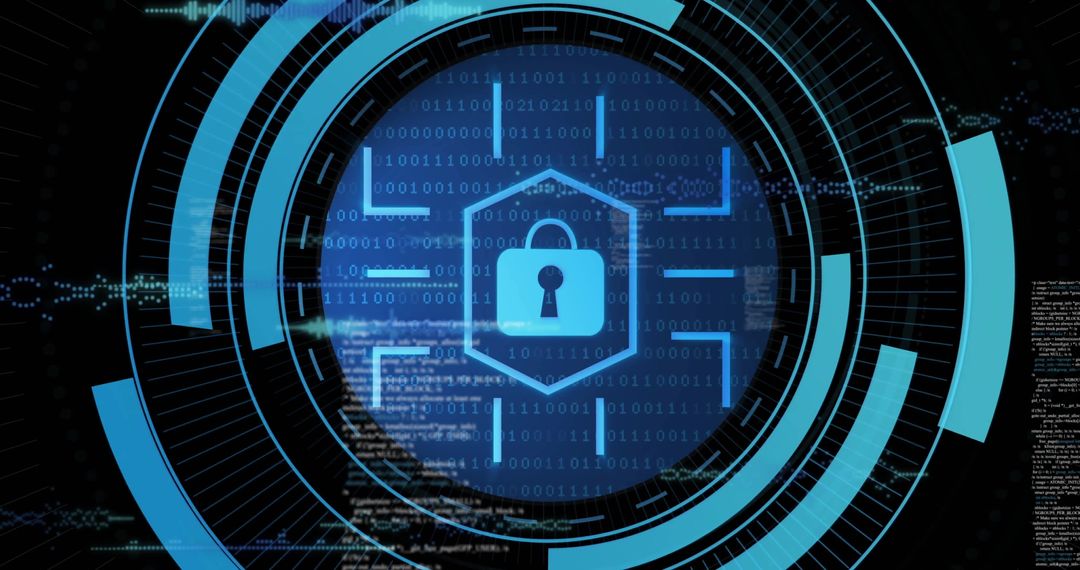 Futuristic Cybersecurity Concept with Digital Lock and Binary Streams