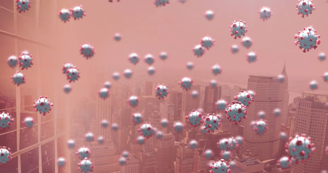 Covid-19 Cells Floating Above Cityscape in Abstract Concept