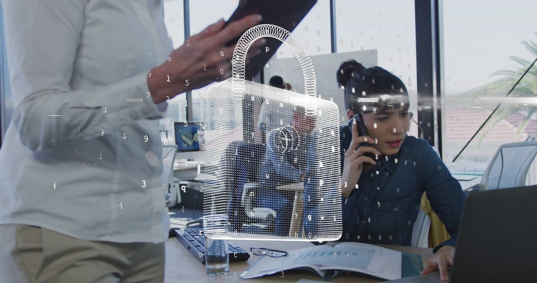 Digital Security Icon Over Busy Office Environment