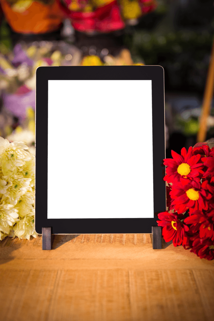Transparent Modern Tablet Display Surrounded by Fresh Vibrant Flowers
