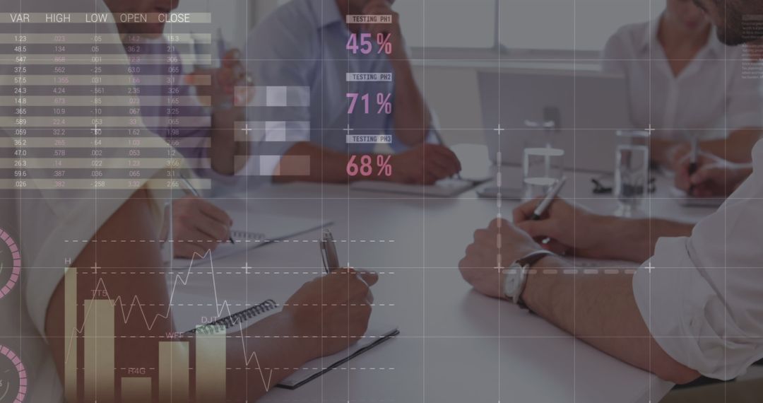Business Team Meeting with Digital Financial Data Overlay