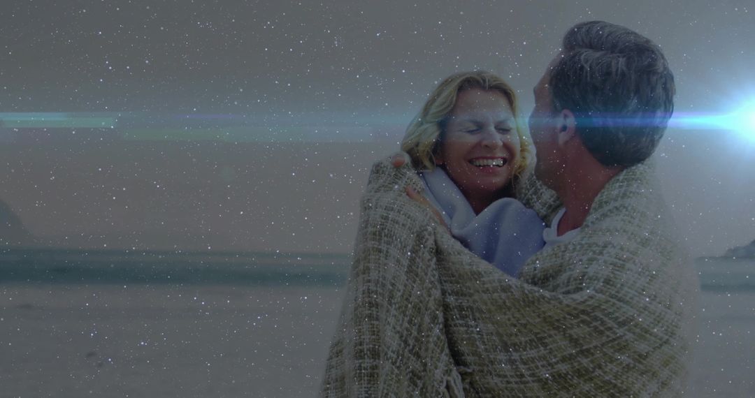Couple Sharing Intimate Moment Wrapped in Blanket Relishing Beachtime Serenity
