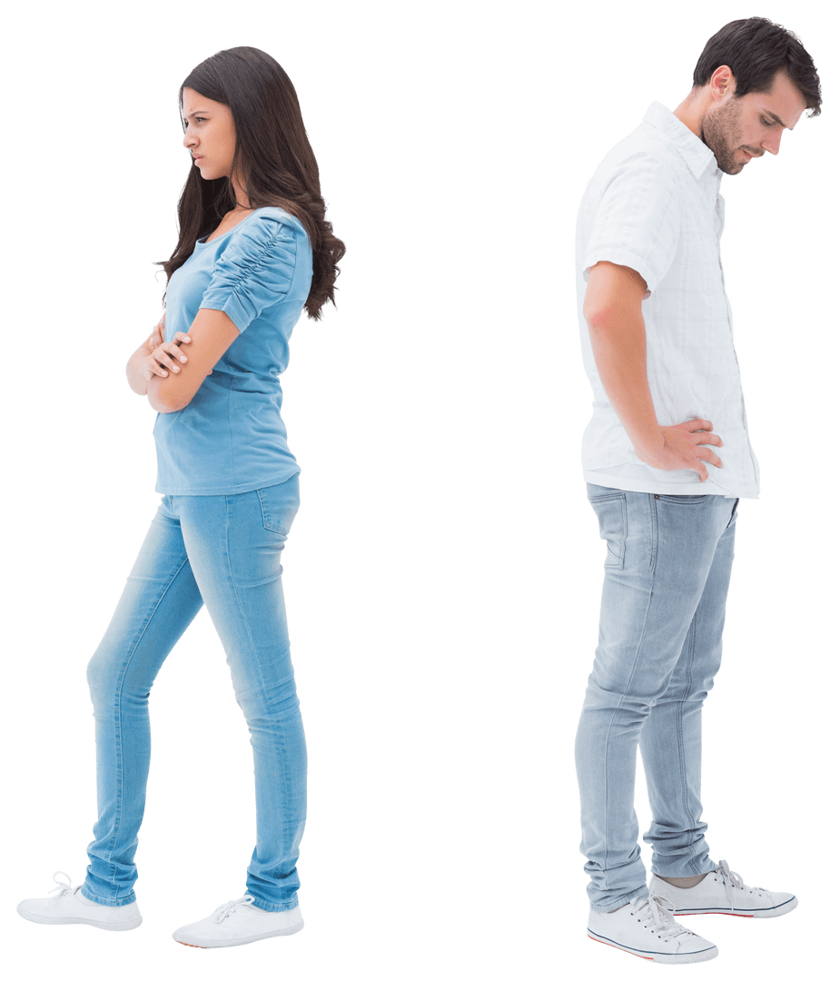 Upset Young Couple Facing Away in Conflict, Transparent Background