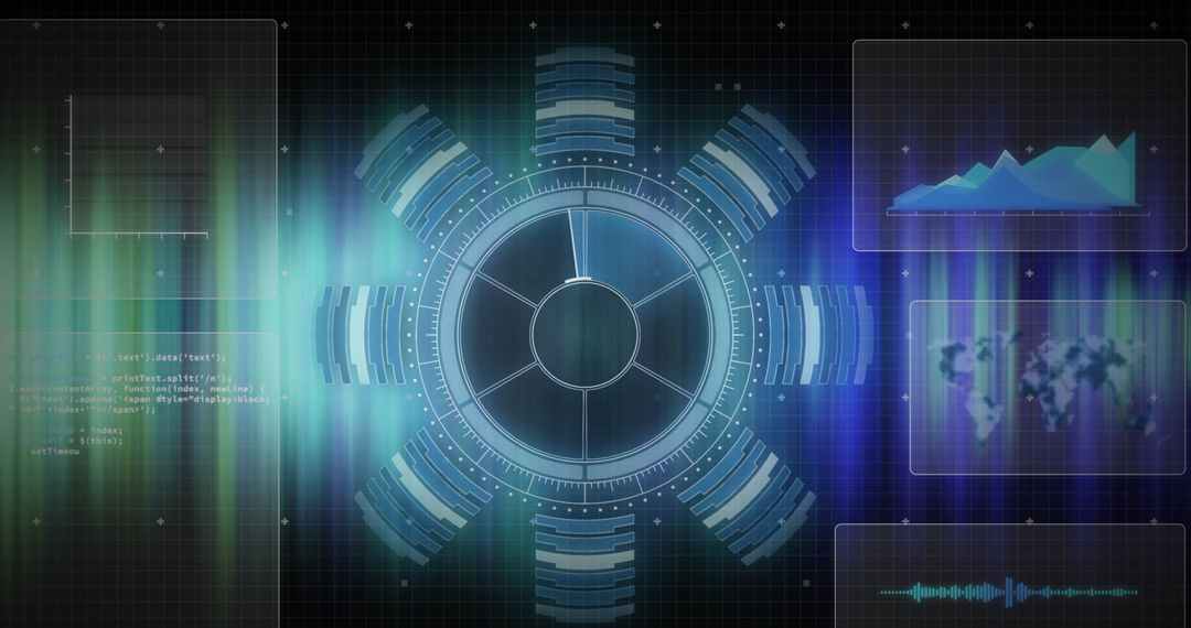 Futuristic digital interface with circular scanner and data graphics