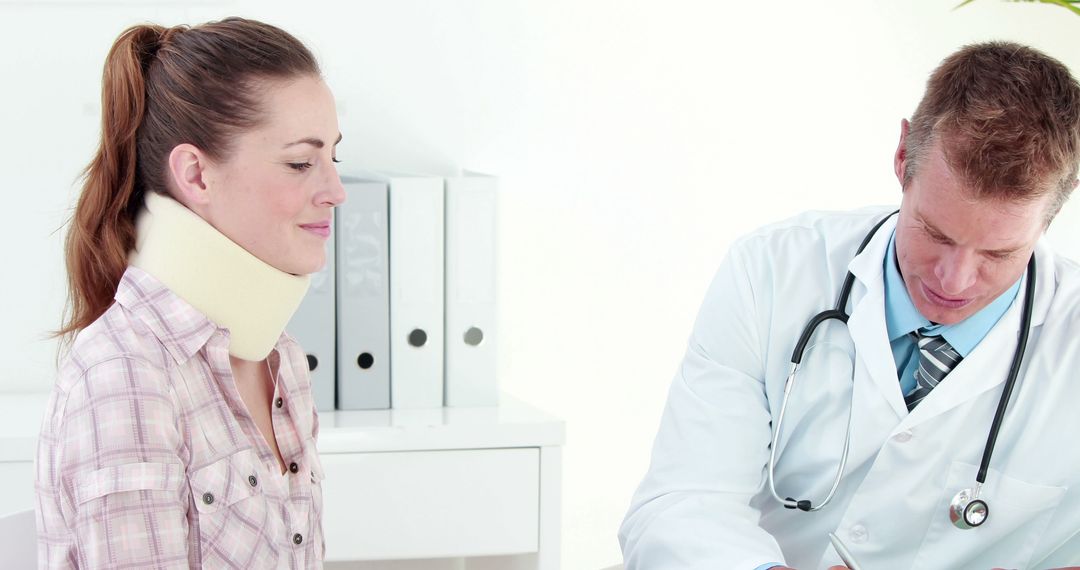 Female Patient with Neck Brace Consulting with Male Doctor - Free Images, Stock Photos and Pictures on Pikwizard.com