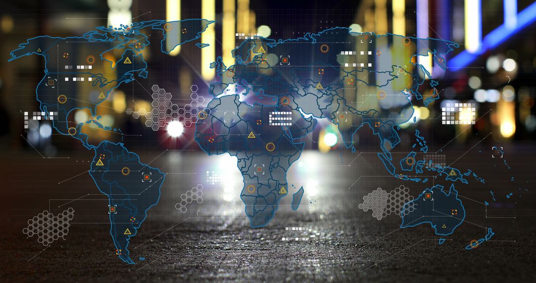 Digital World Map Overlay in City Nightlife Scene