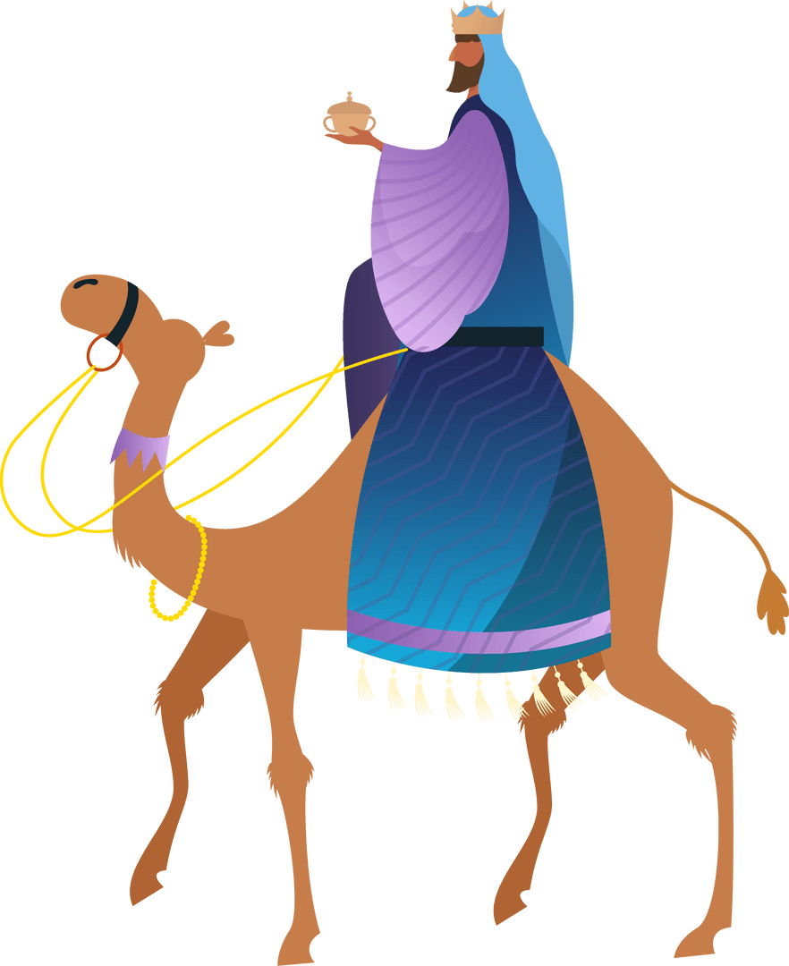 Regal Traveler Riding Camel with Golden Vessel on Transparent Background