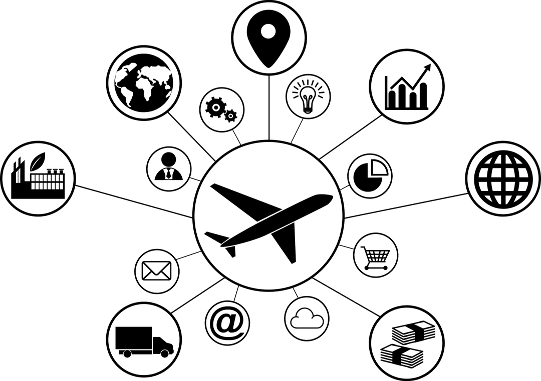 Flying Plane with Connected Icons on Transparent Background