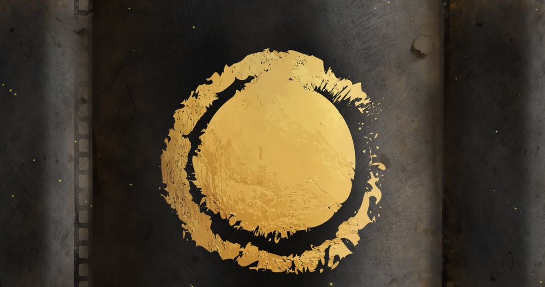 Distressed Gold Circle on Black Background with Falling Snow