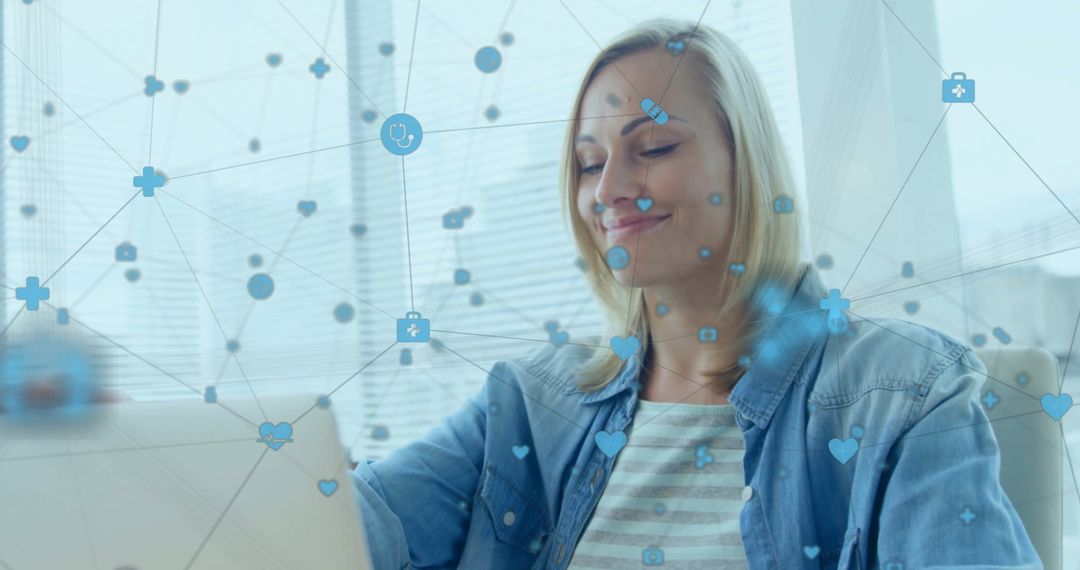 Smiling Woman Browsing Through Virtual Network Connections on Laptop