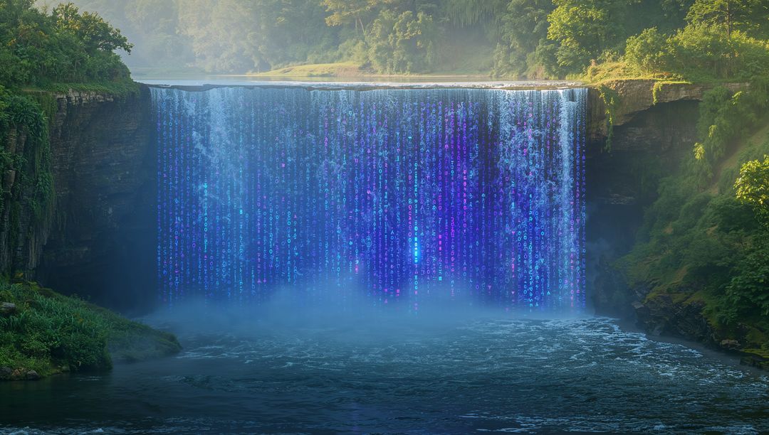 Digital code waterfall cascading in forest gorge with glowing blue-purple matrix streams