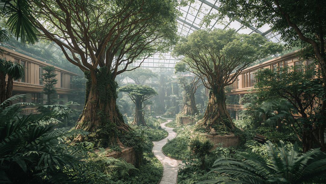 Indoor arboretum with towering ancient trees, winding path and sunlit glass conservatory canopy