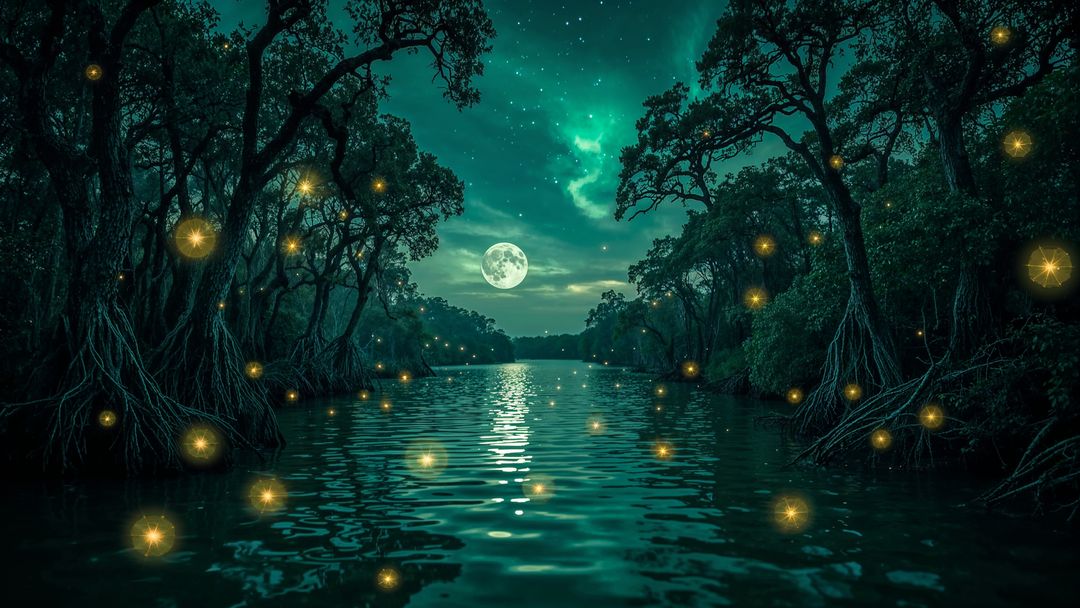 Mystical Nocturnal River with Fireflies and Moonlight